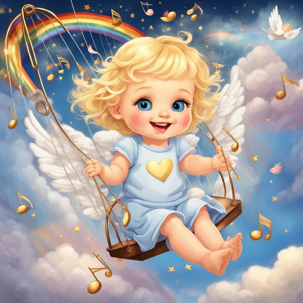 Super cute blond baby (correct anatomy) blondie (pretty face)- blue eyes,warm smile)- Cupid angel singing on a heavenly ...