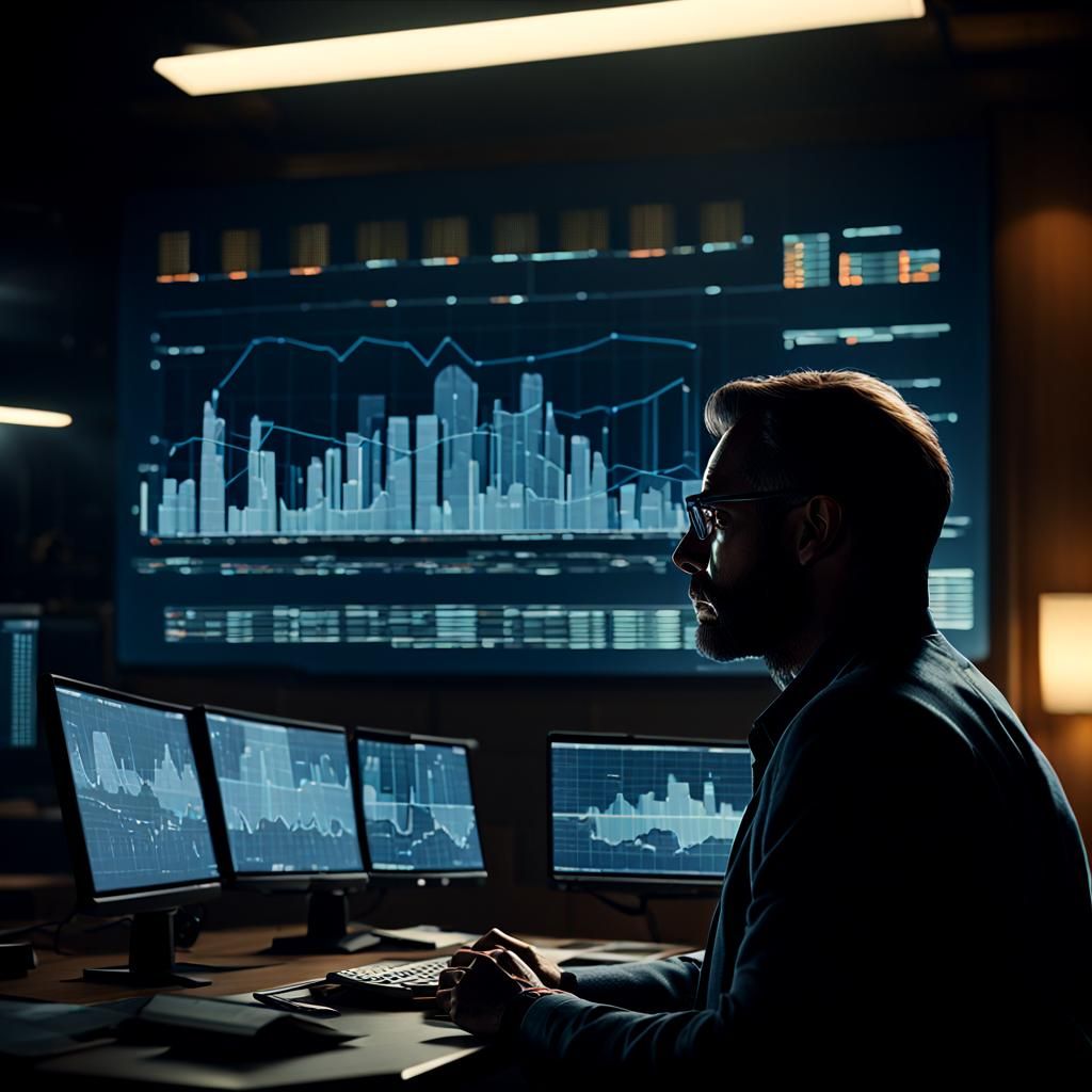 Analyst Studies Graph in Dimly Lit Room