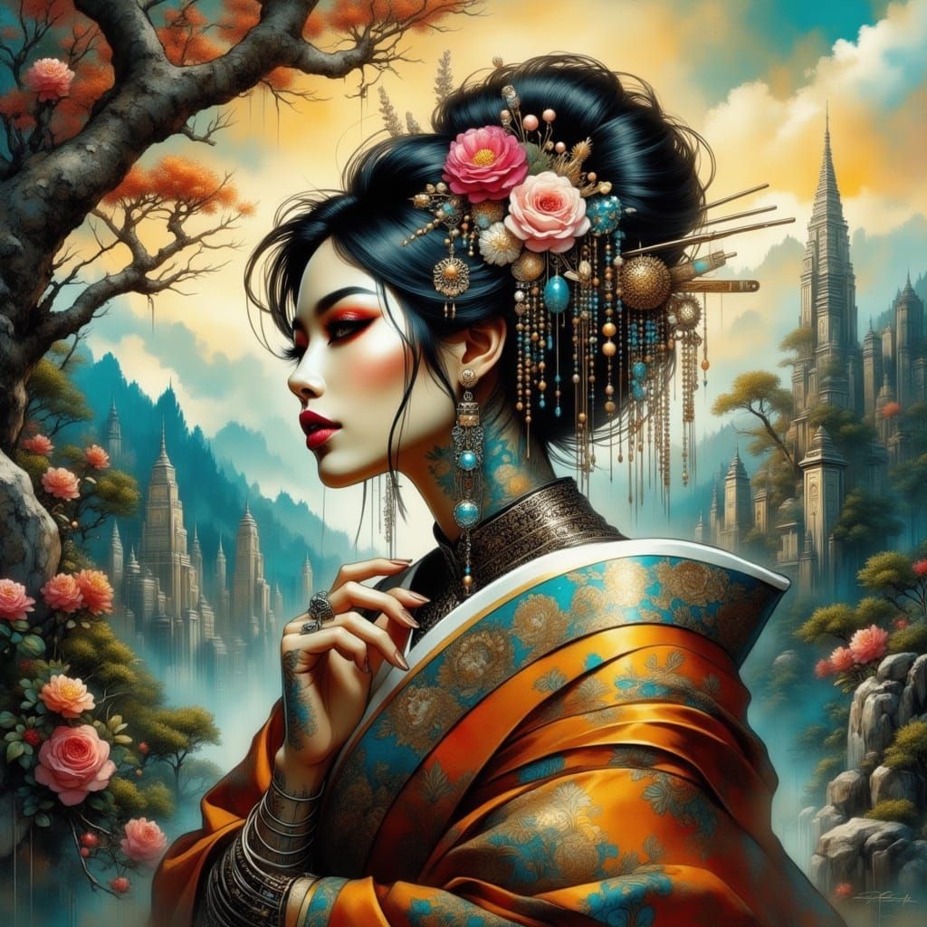 <lora:Extreme Geisha:1.0> <lora:Flux-Inked:1.0> Asian women ...