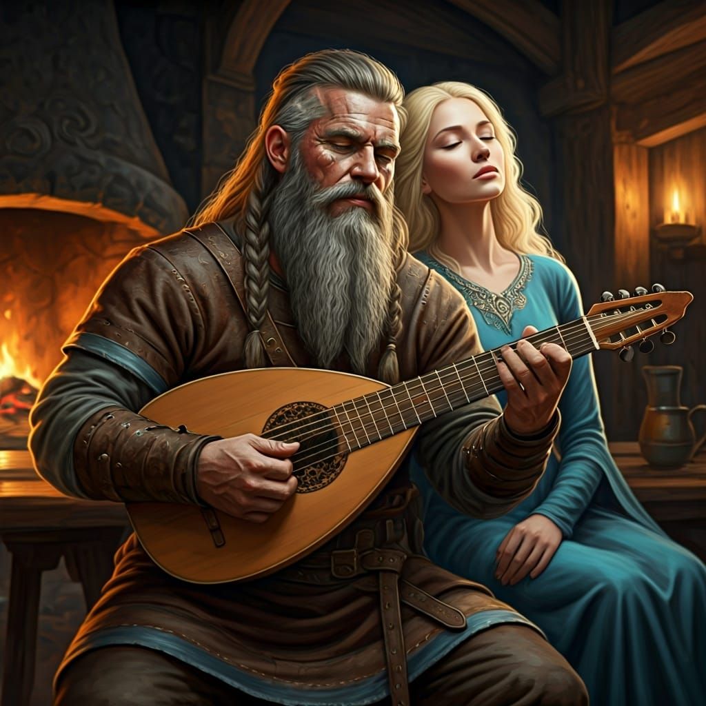 Viking Warrior and Fair Maiden in Tavern, Gritty Realism