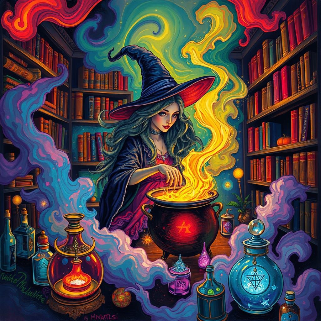 Vibrant Witch Weaves Joyful Magic in Radiant, Abstract Color...