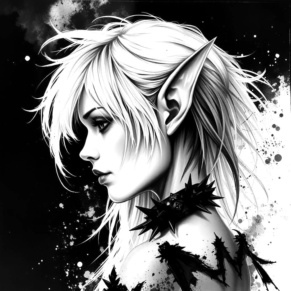 Goth Elf Portrait in Charcoal and Watercolour Style