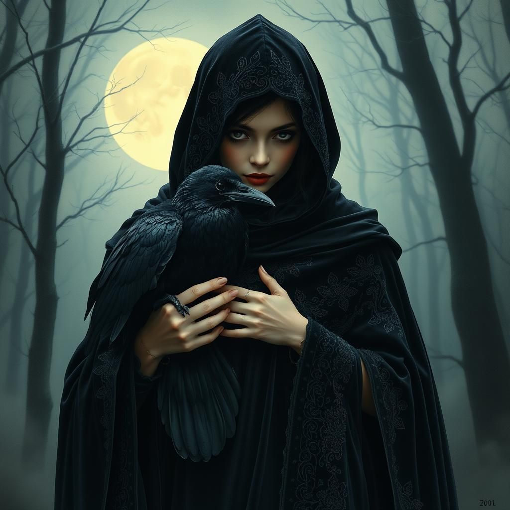 Mystical Woman with Crow in Moonlit Forest