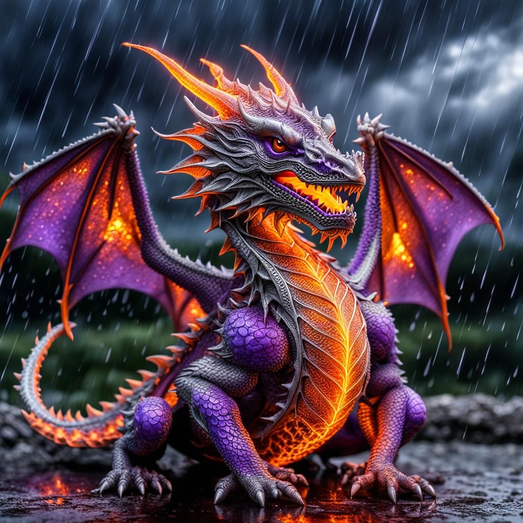 Baby dragon playing. Lightning flower in a thunderstorm with rain showers, flames, purple, orange. Silver filigree, intr...