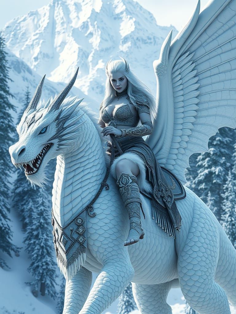 Regal Albino Barbarian Warrior Queen Rides Majestic White Dr...