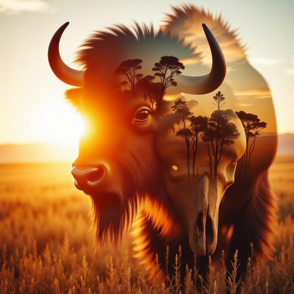 Bison at Sunset on the Prairie: Double Exposure