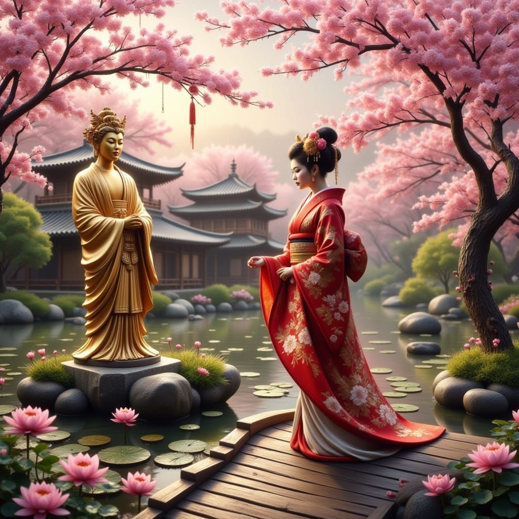 A beautiful Geisha in a traditional Japanese garden