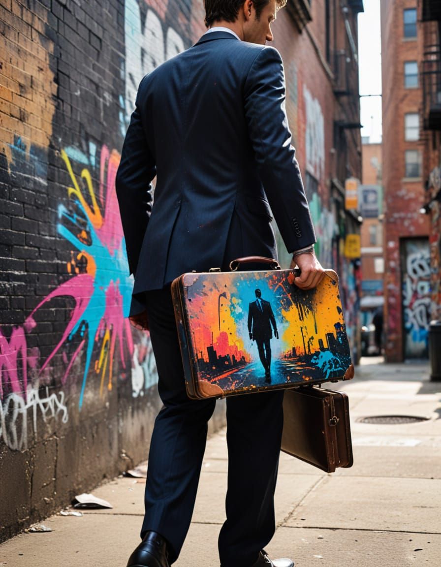 Urban Stencil Art: Figure Walking from City Skyline