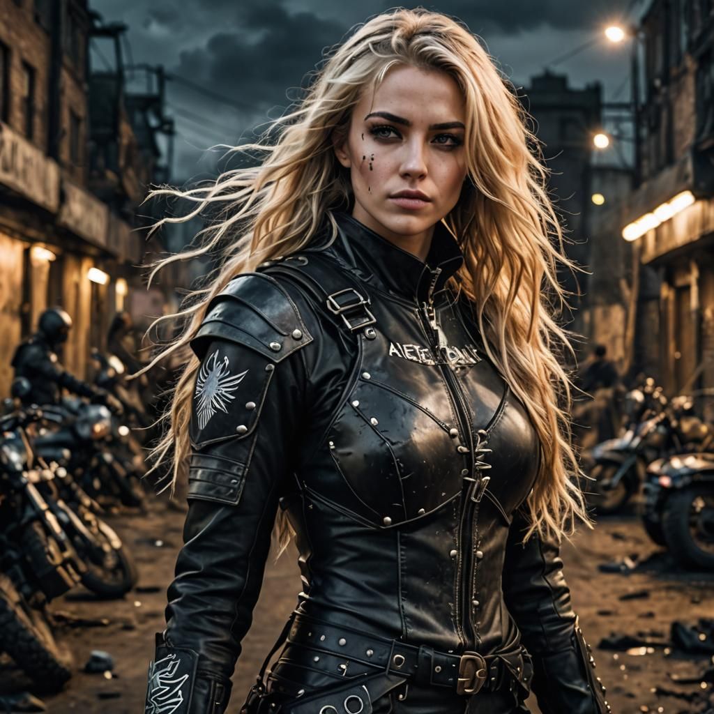 Post-Apocalyptic Woman Leading Army at Night