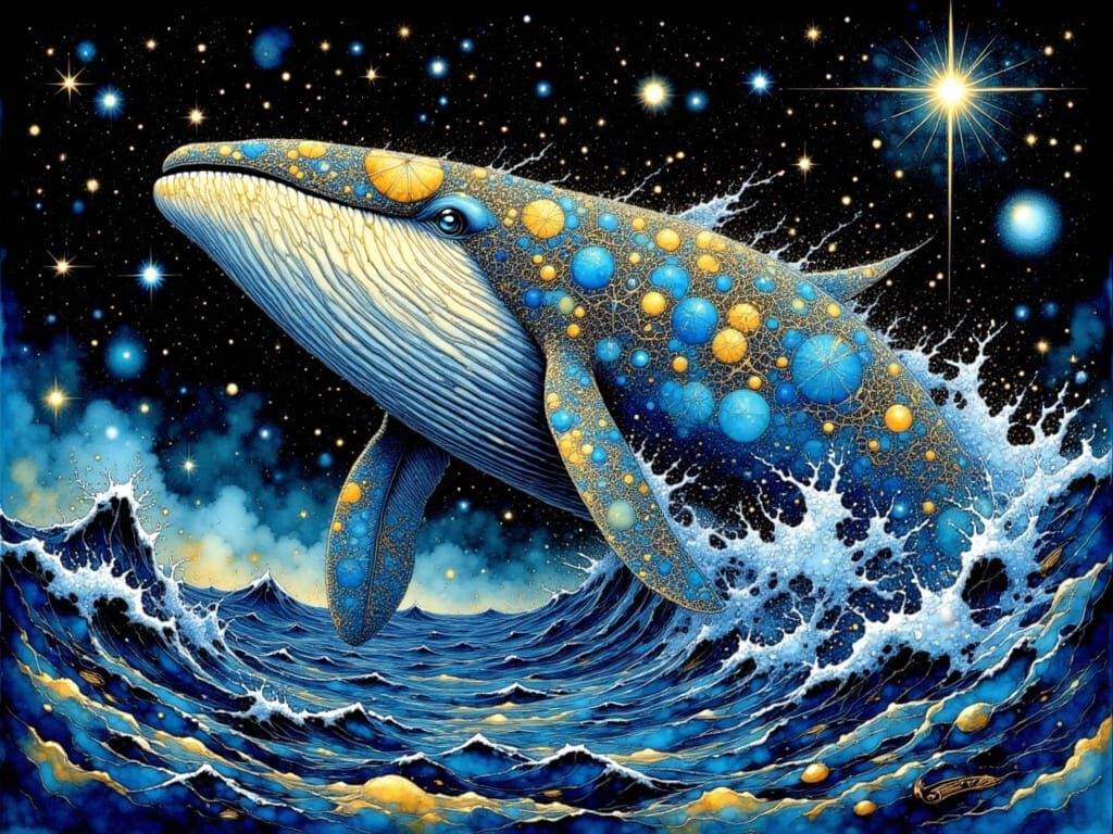 Celestial Whale Breaching a Starry Sea in Surreal Fantasy St...