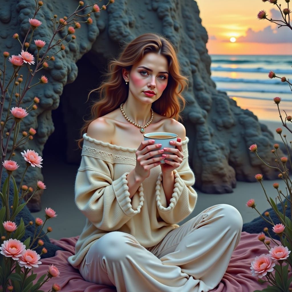 Serene Woman in Cozy Sweater with Tea on Beach at Sunset