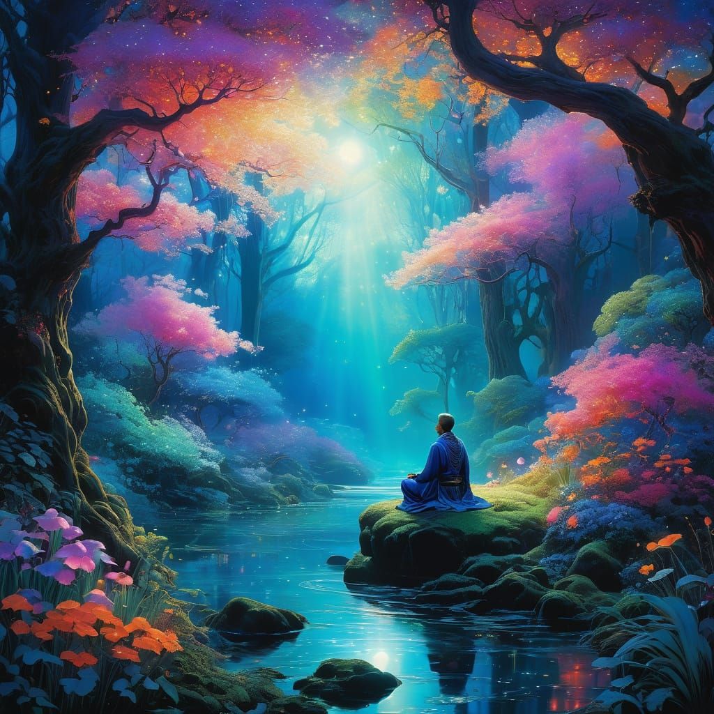Mystical Being Meditates in Psychedelic Glade