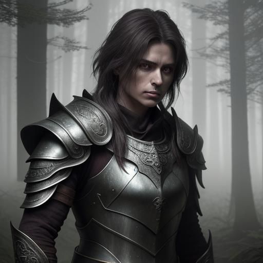 Female Knight in Misty Forest, Digital Art