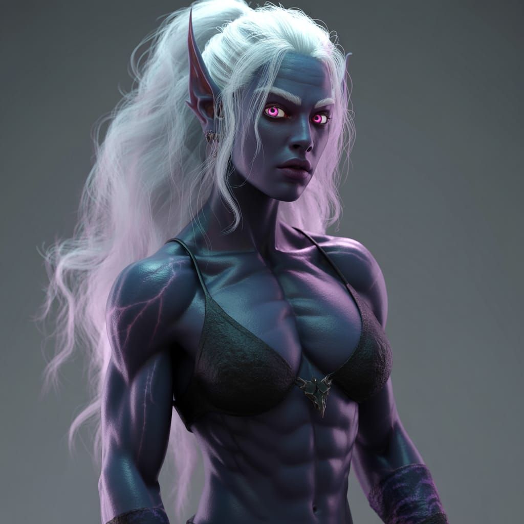 Hyperrealistic Drow Warrior with White Hair and Pink Eyes