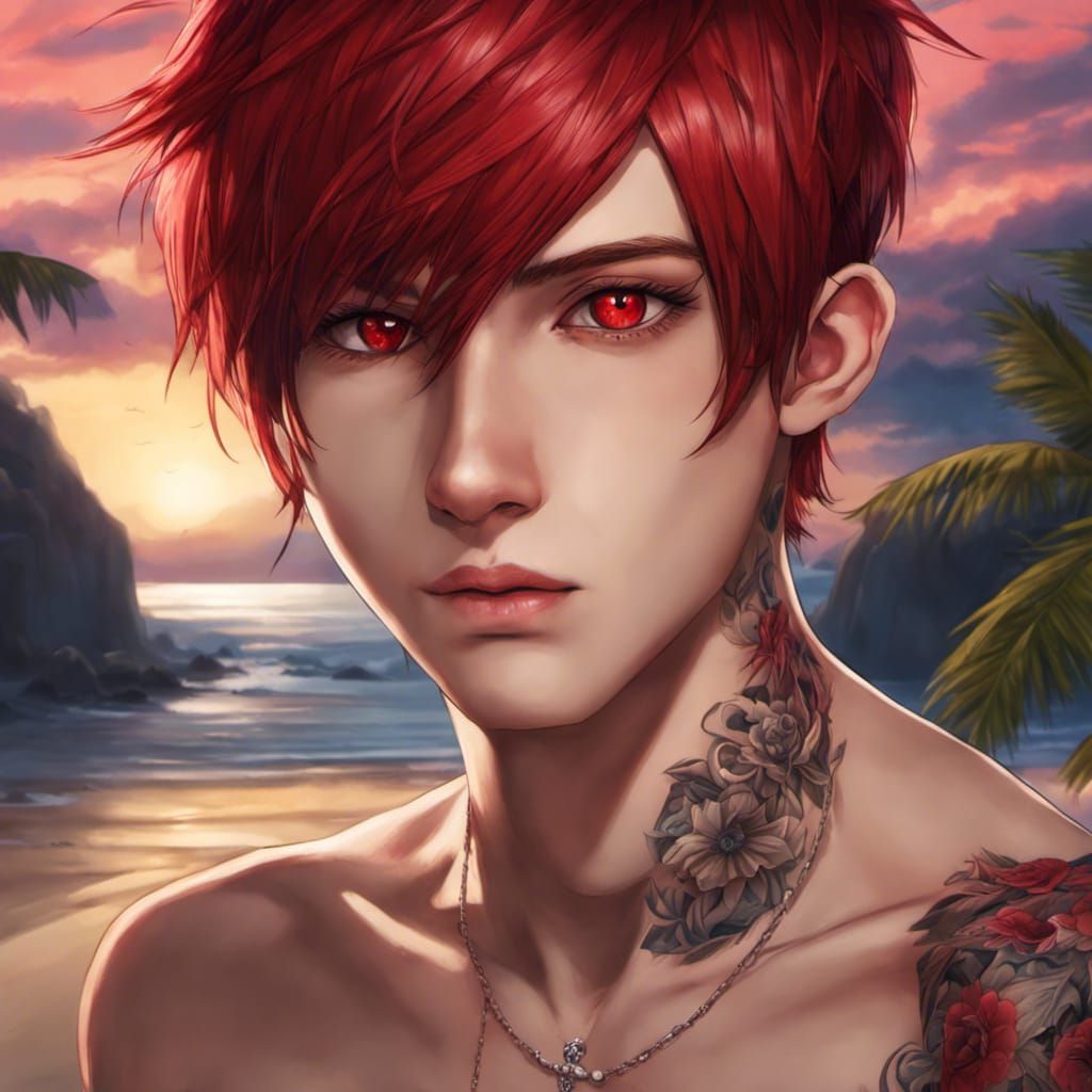 Anime Goth Boy Portrait with Red Hair and Tattoos