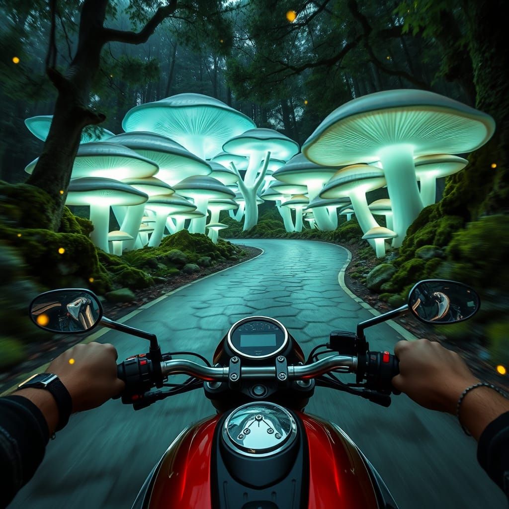 Motorcycle Ride Through Bioluminescent Mushroom Forest