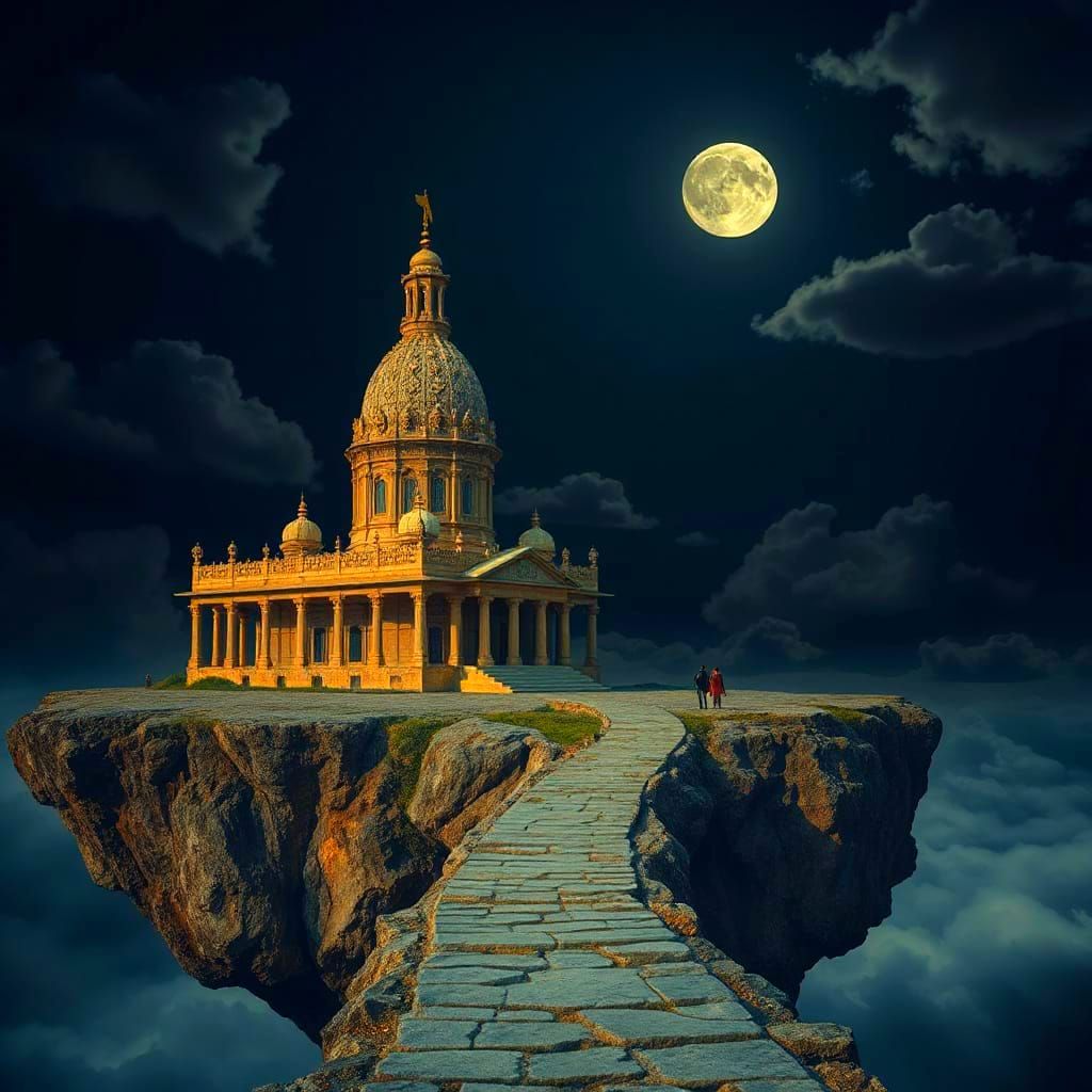 Dreamlike Temple Island Under Moonlight