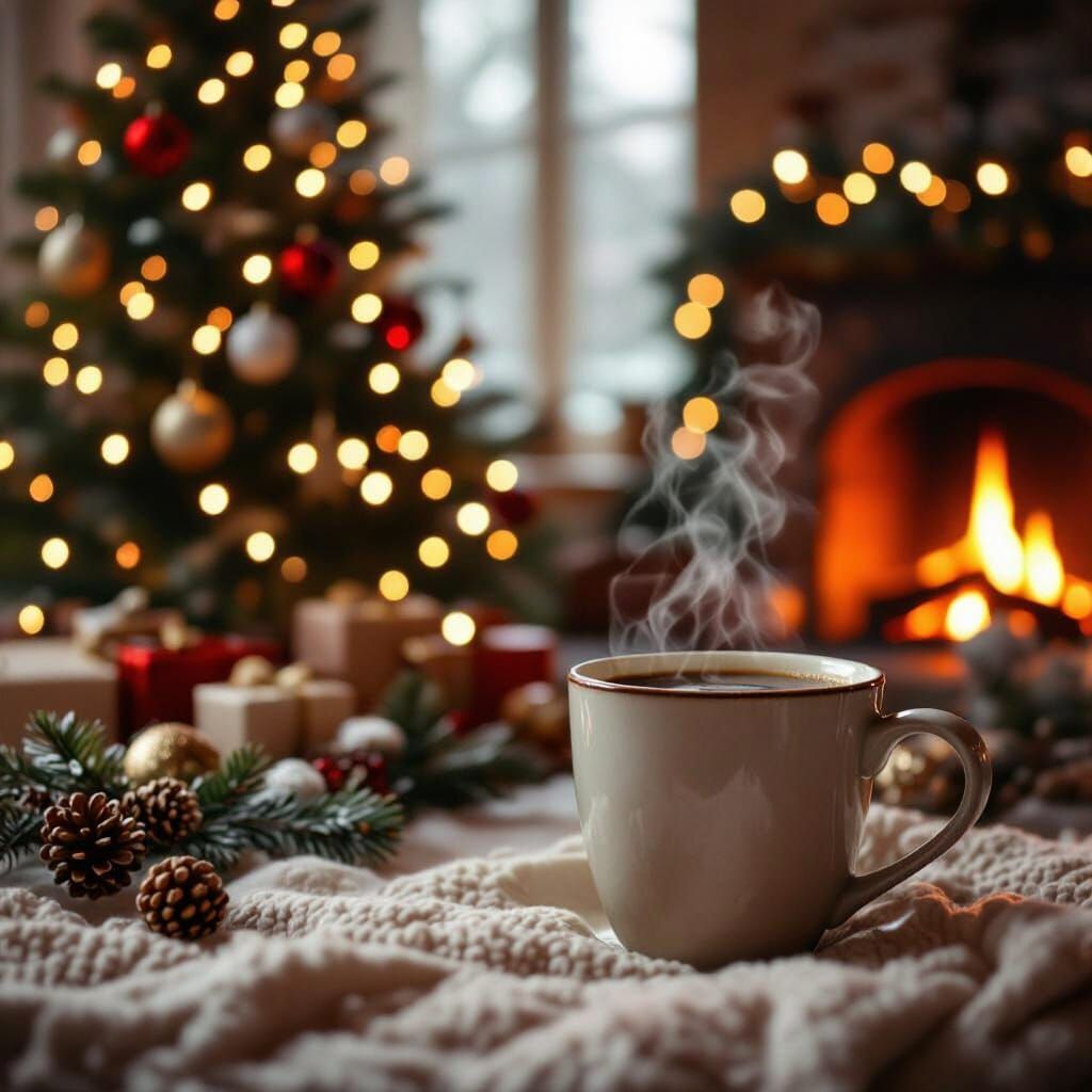 Cozy Christmas Scene with Steaming Coffee Mug