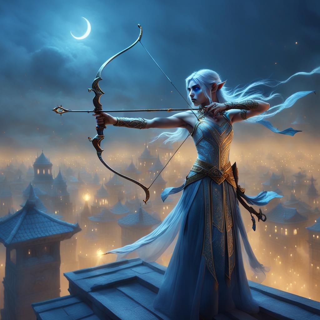 Night Elf Assassin Fires Bow in Misty Night Scene