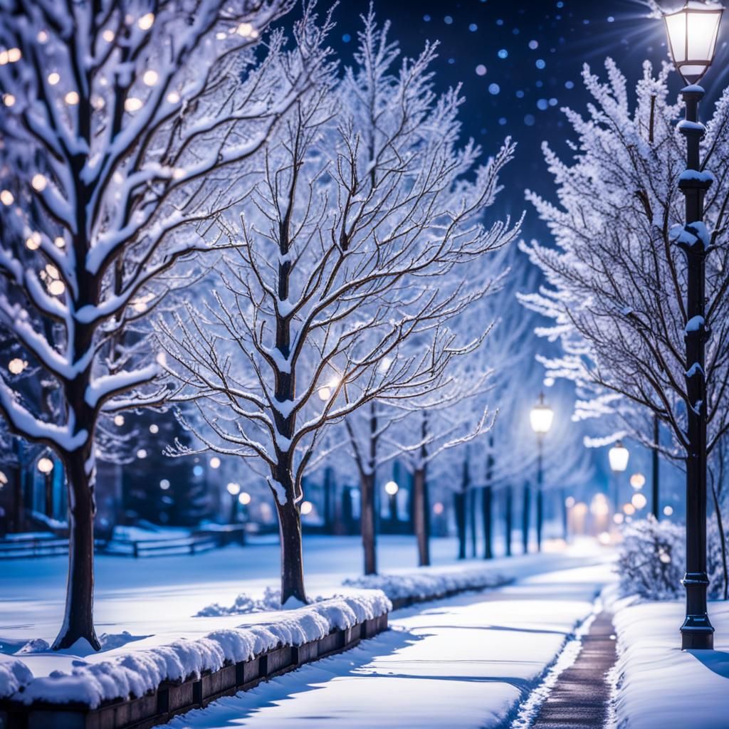 Moonlit Snow-Covered Trees in Professional Photography Style