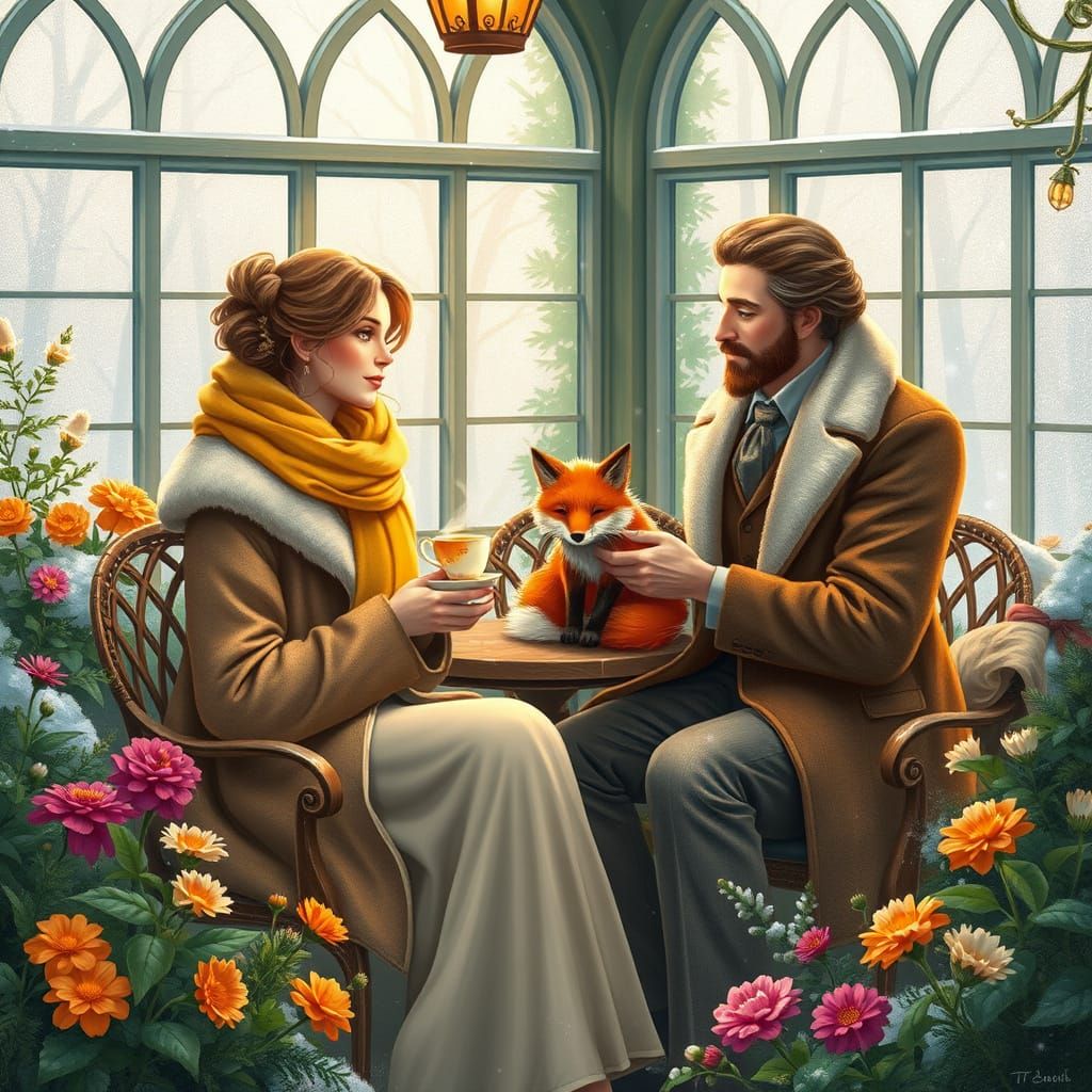 Gods of Winter Enjoy Tea in Cozy Garden