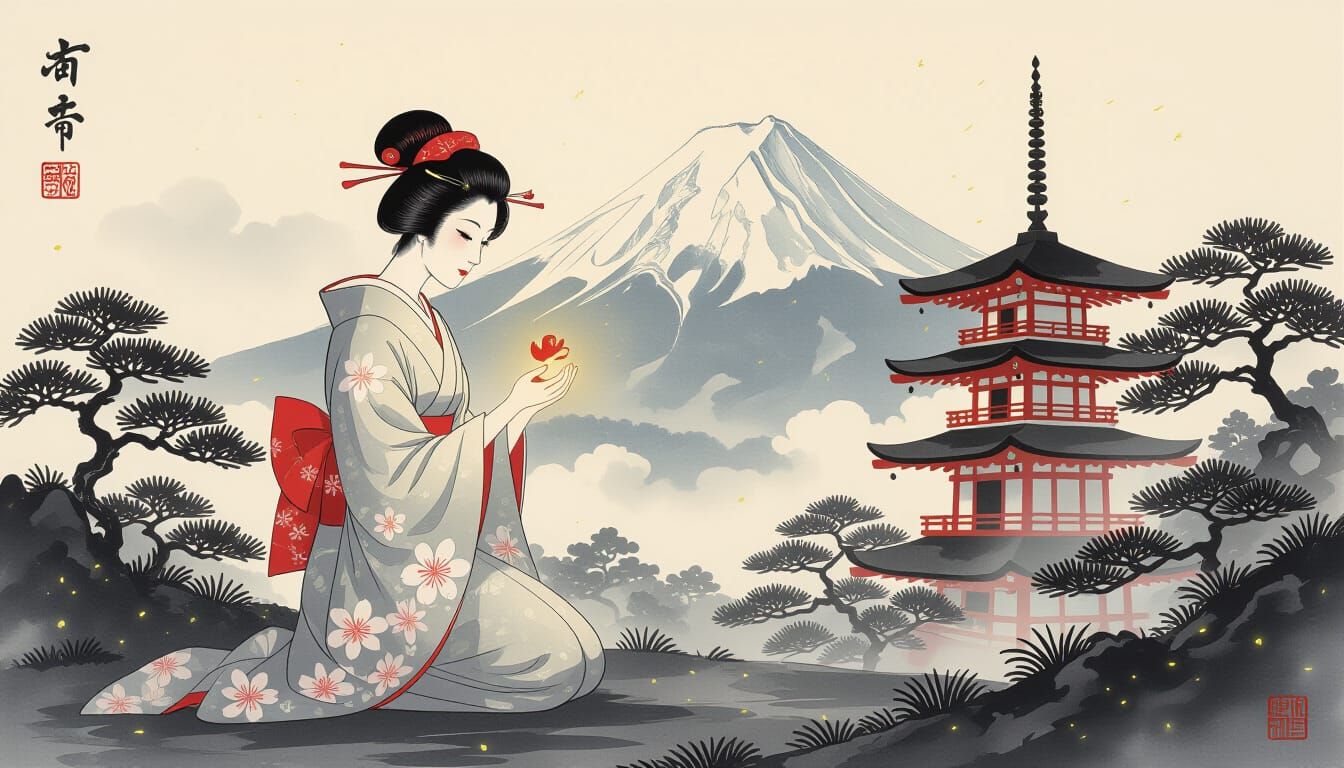 Konohanasakuya-hime Sumi-e Ink Painting of Mount Fuji