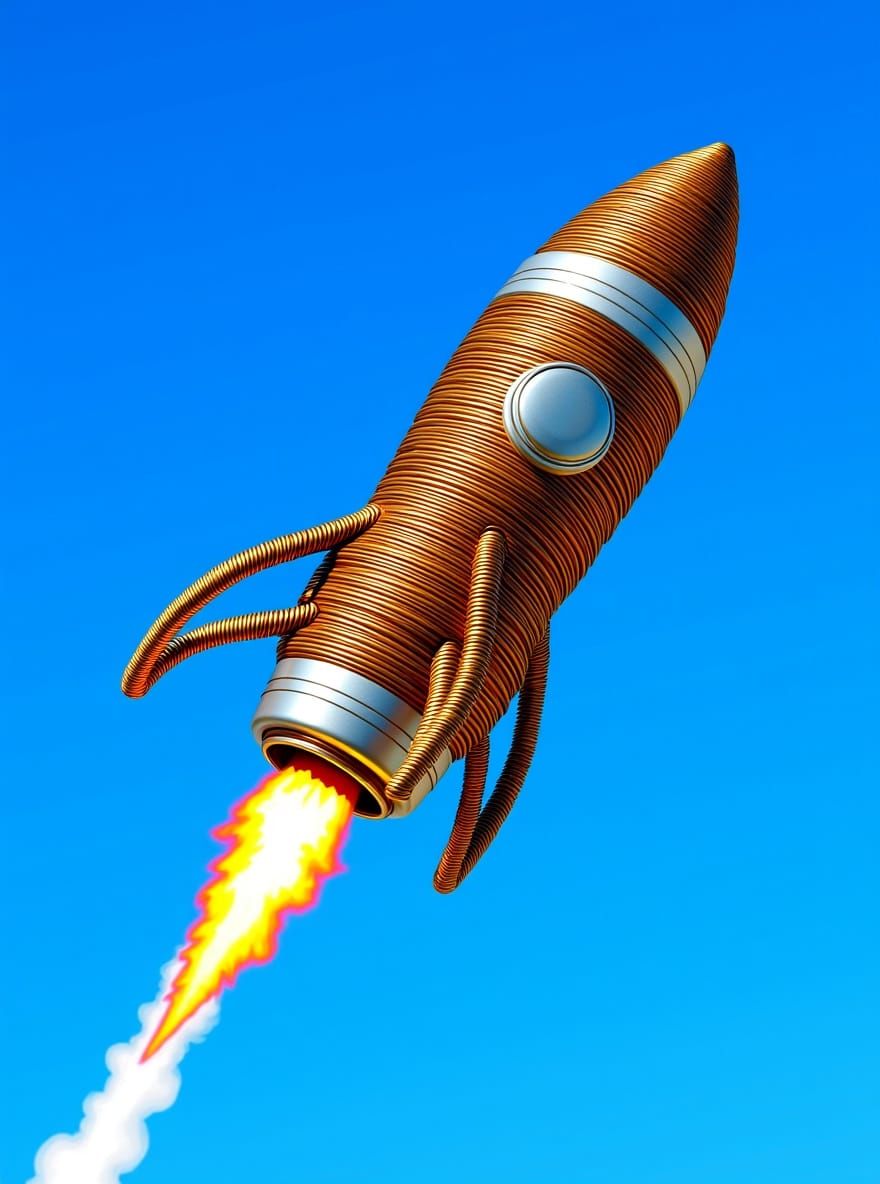 Wireframe Rocket Sculpture in a Bright Blue Sky