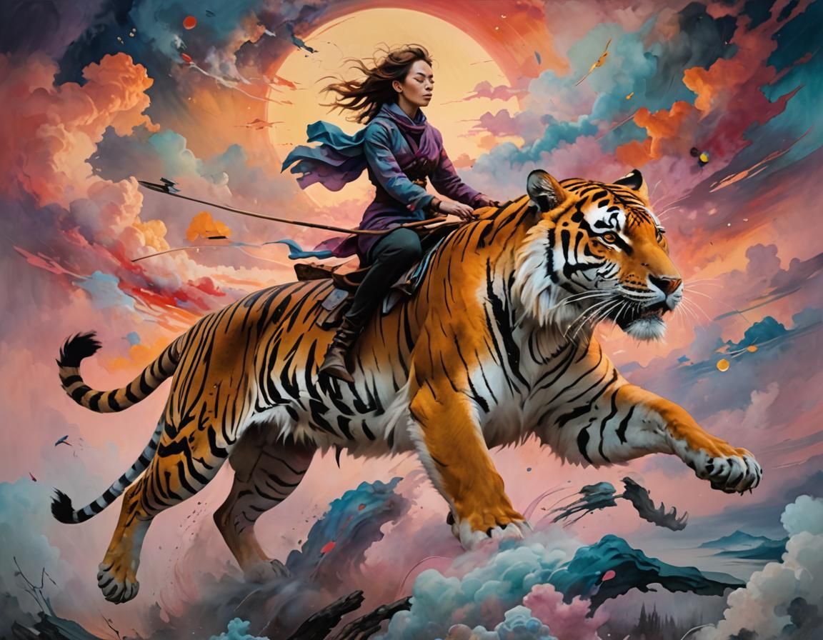 Woman Rides Tiger Against Abstract Sunset