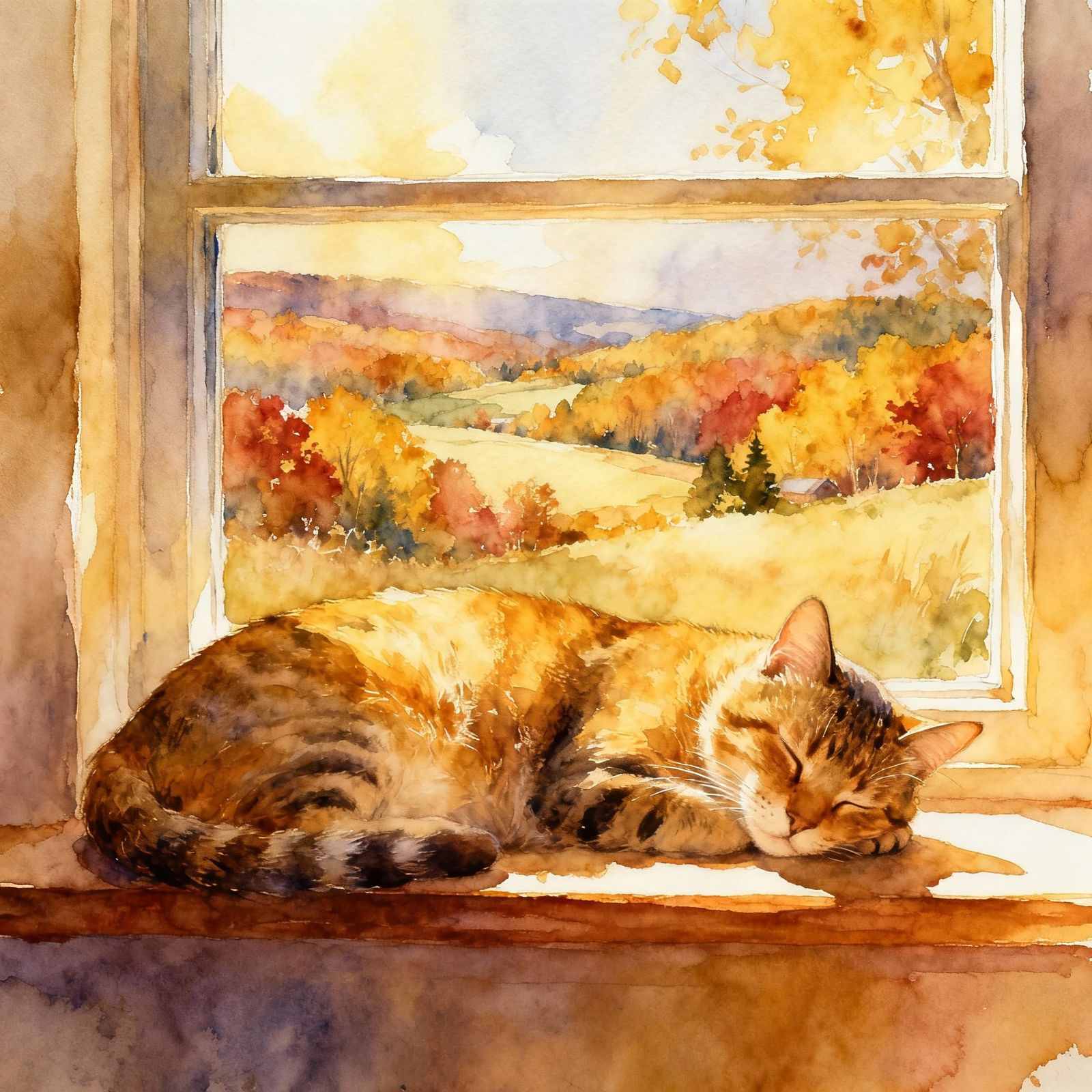 Serene Cat Napping in Autumn Window View Watercolor