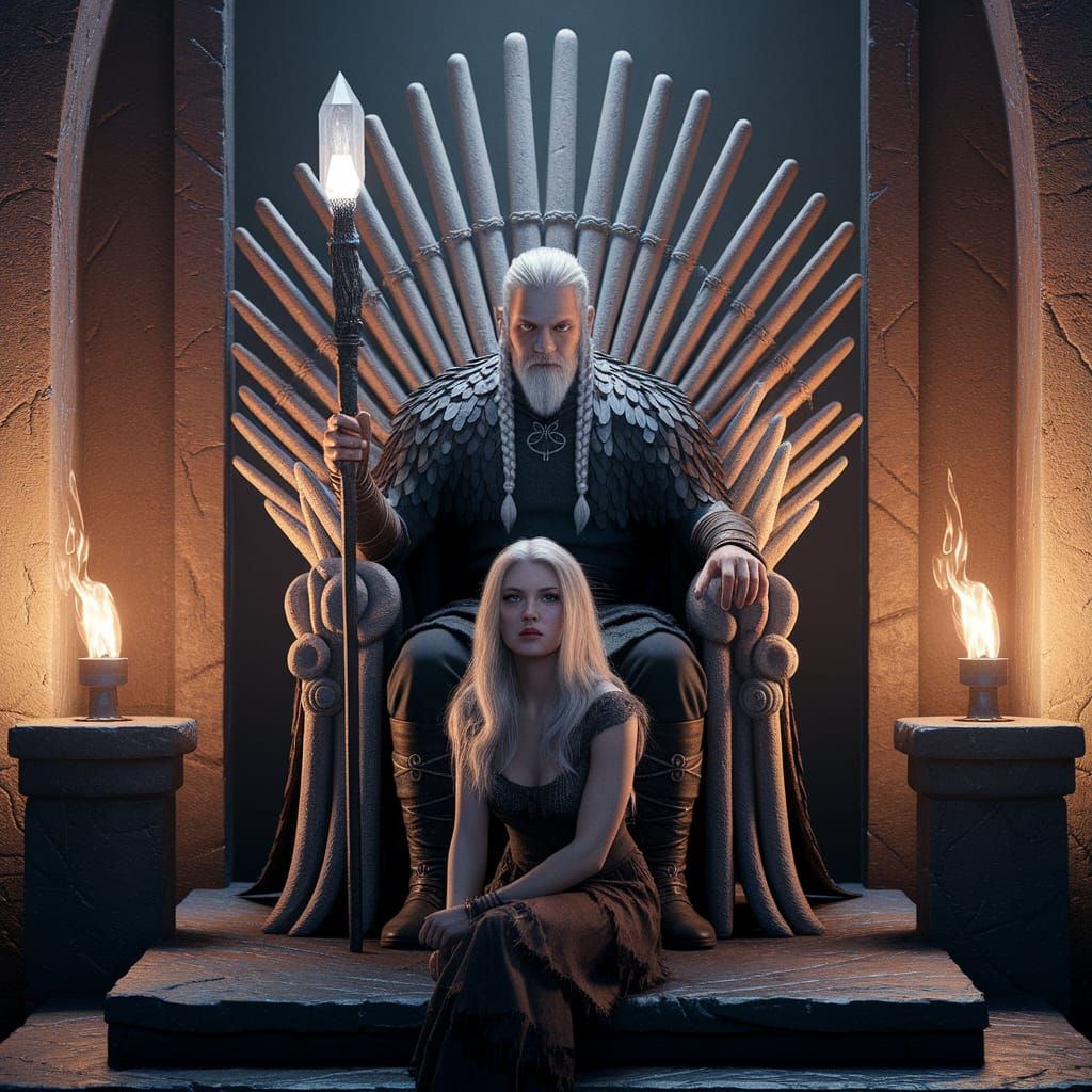 Viking Elder on Bone Throne in Ancient Hall