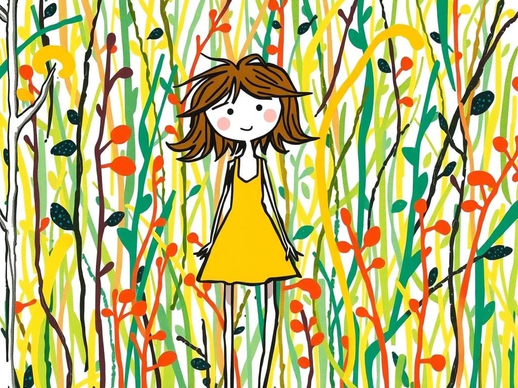 a very simple FEMALE stick figure drawn with scribbles who is stuck in a myriad of weeds