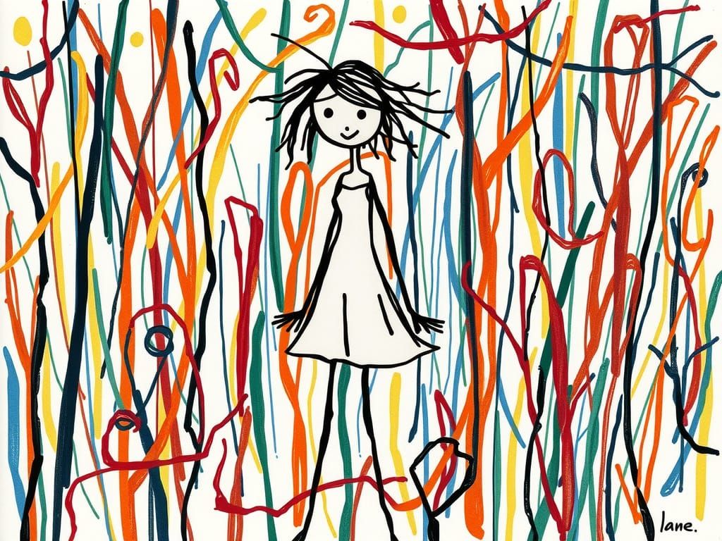 a very simple FEMALE stick figure drawn with scribbles who is stuck in a myriad of weeds