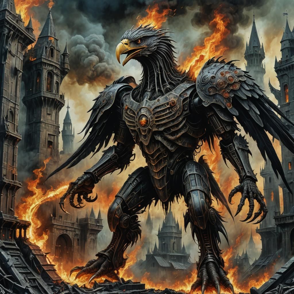 Eagle Monster Attack on Burning Castle