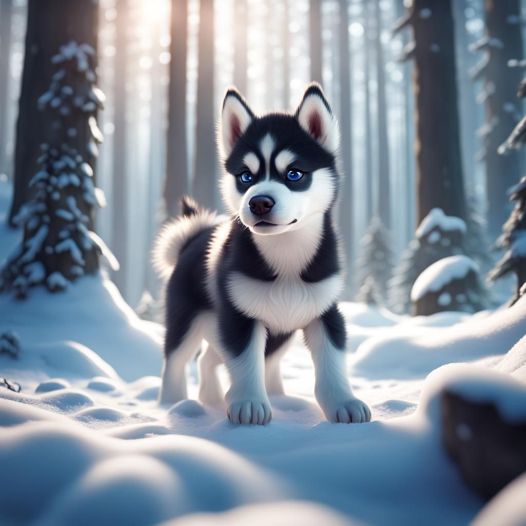 Adorable Husky Pup in Snowy Forest
