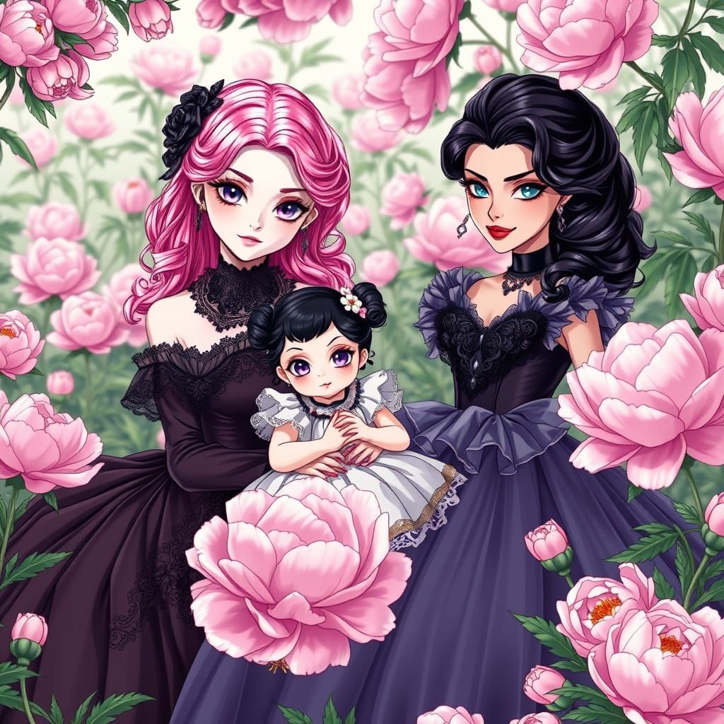 Gothic Goddesses in a Vibrant Peony Garden