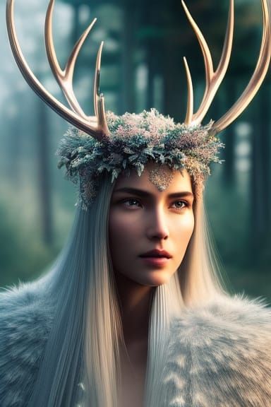 Forest Woman Portrait with Antlers in Hyperrealism