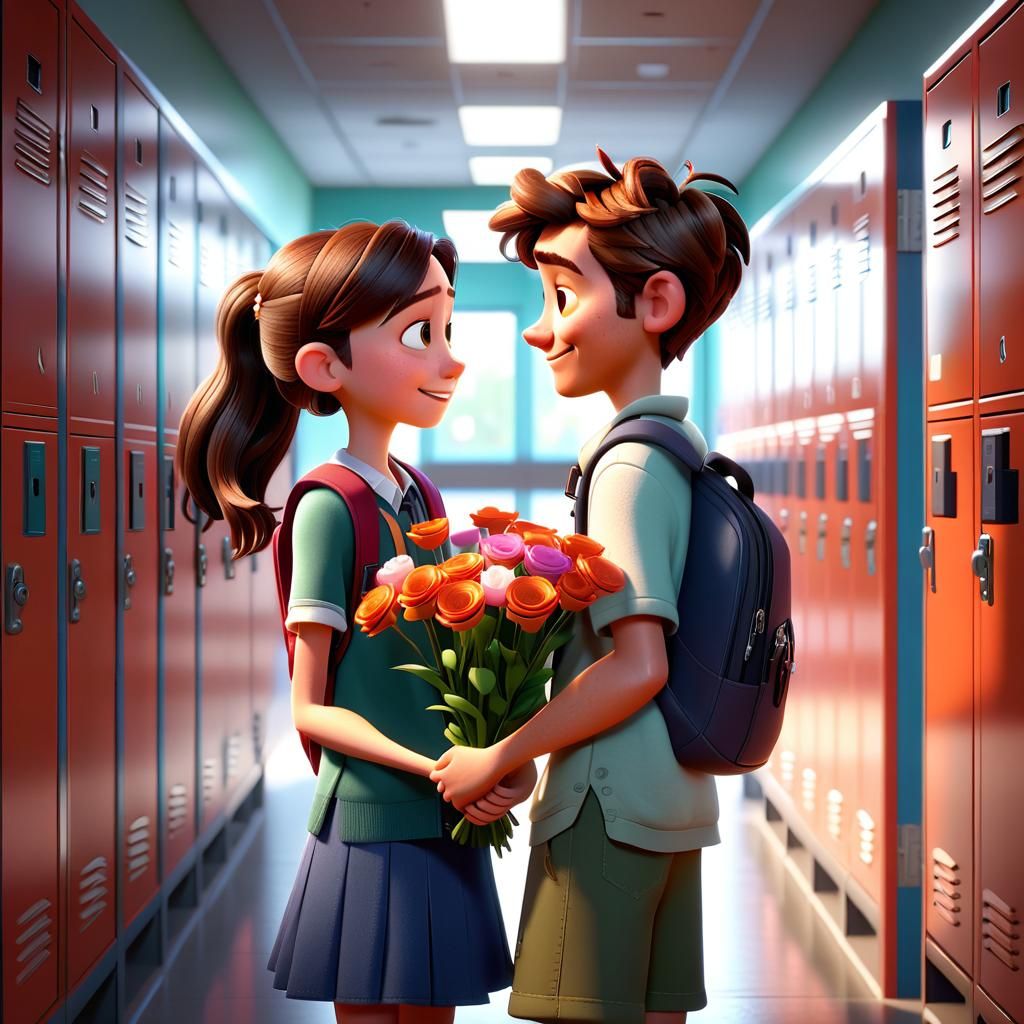 Shy Boy Offers Flowers in School Hallway: 3D Render
