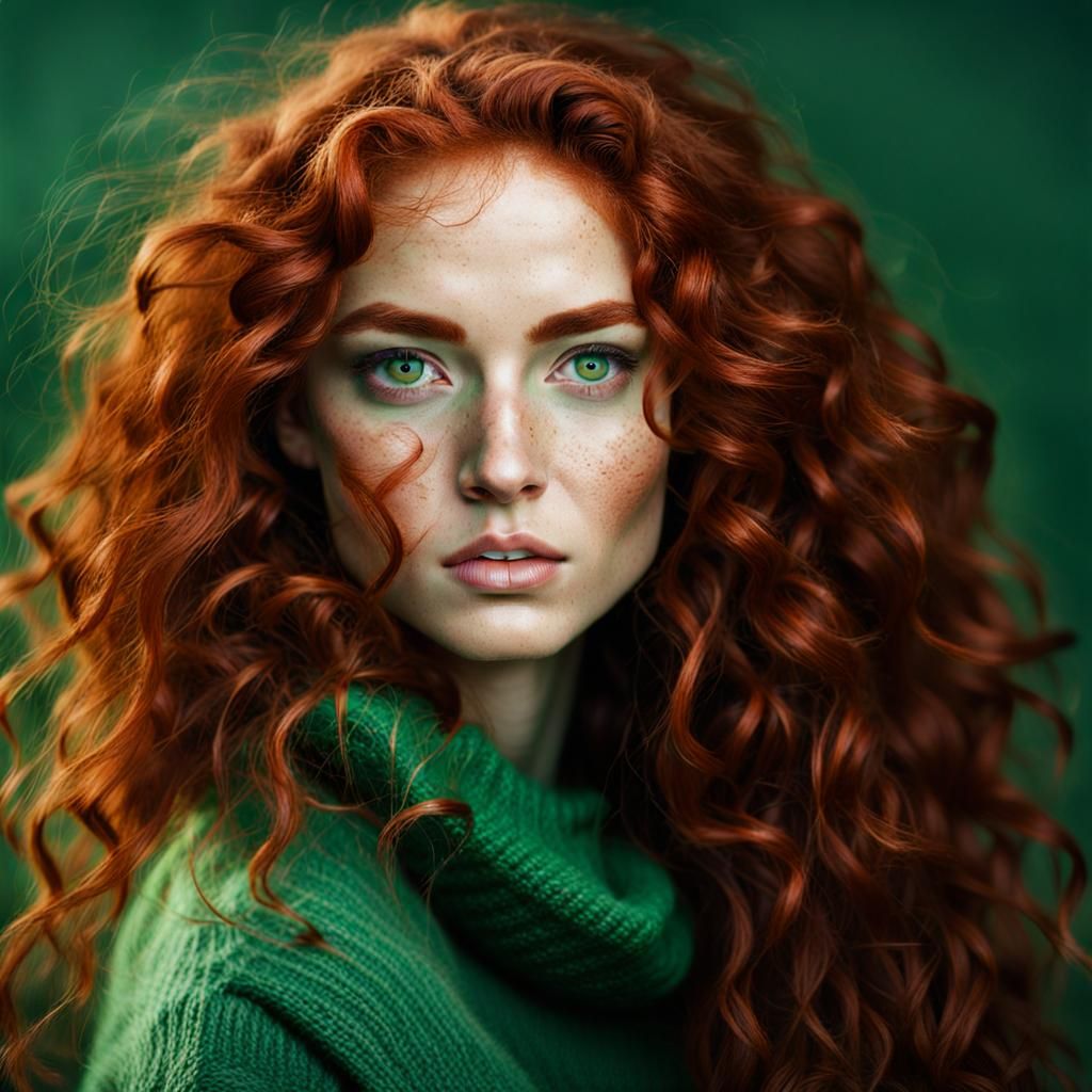 Ethereal Beauty with Red Hair and Azure Eyes