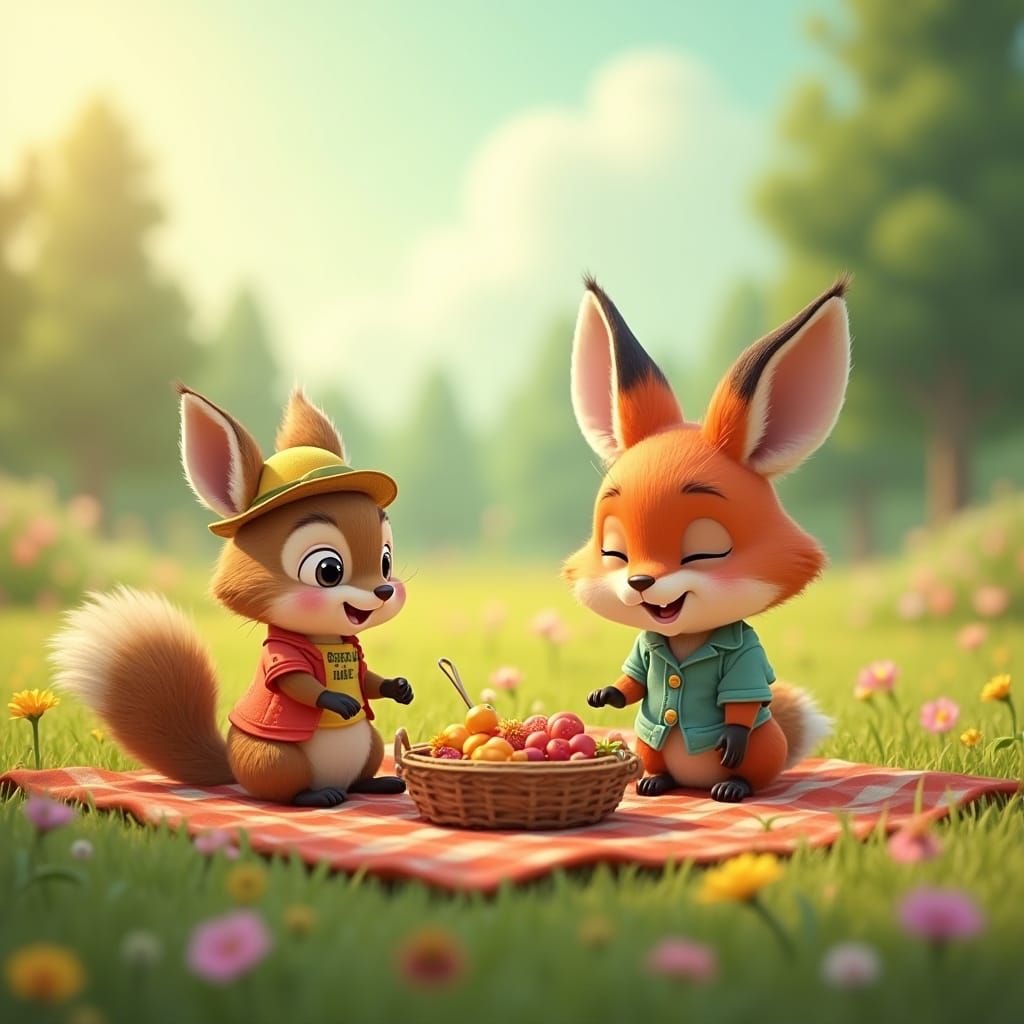 Animal Friends Picnic in Sunny Meadow, 3D Animation
