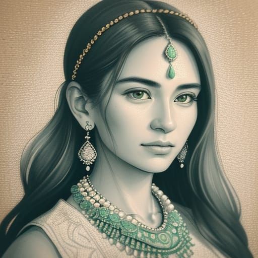 1girl, blush, hatching \(texture\), jewelry, green monochrom...