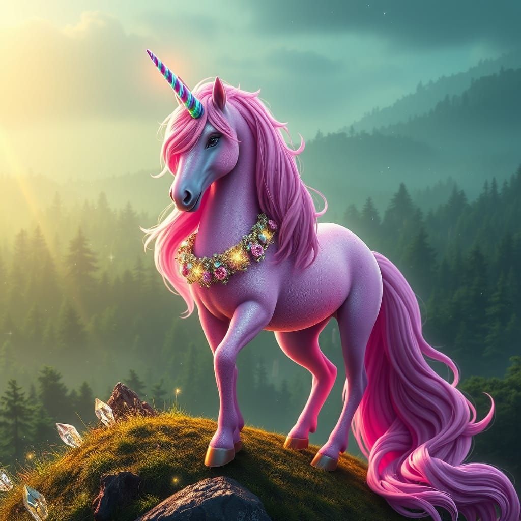 Pink Unicorn in Mystical Forest, Anime-Inspired 3D Art