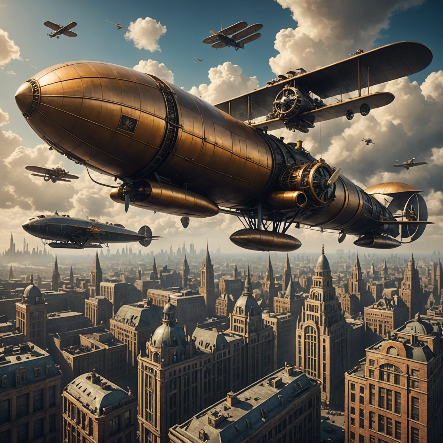 Art Deco Steampunk Cityscape with Zeppelins