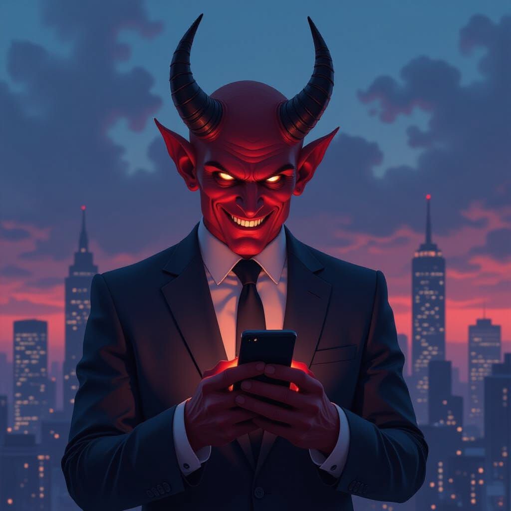 Devil in Suit with Cellphone, Digital Painting