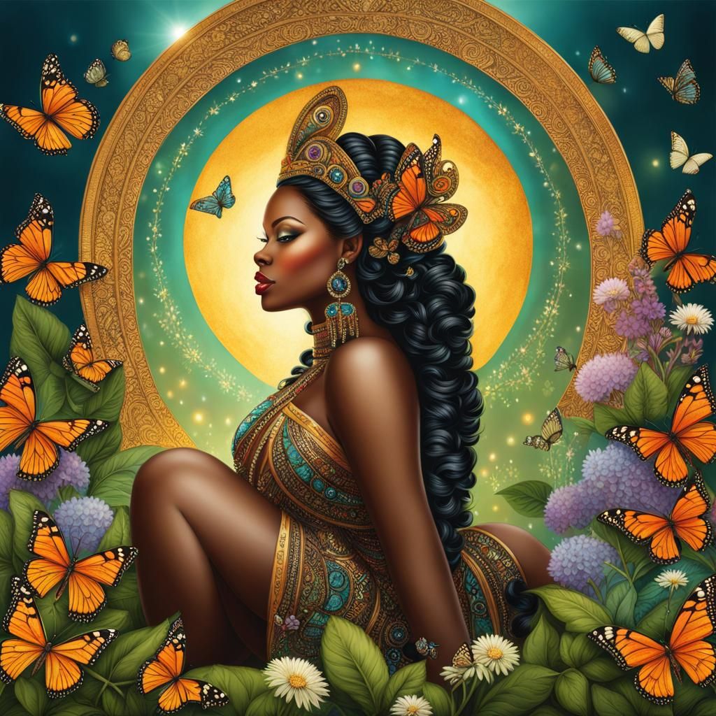 African American Goddess with Crystals and Butterflies