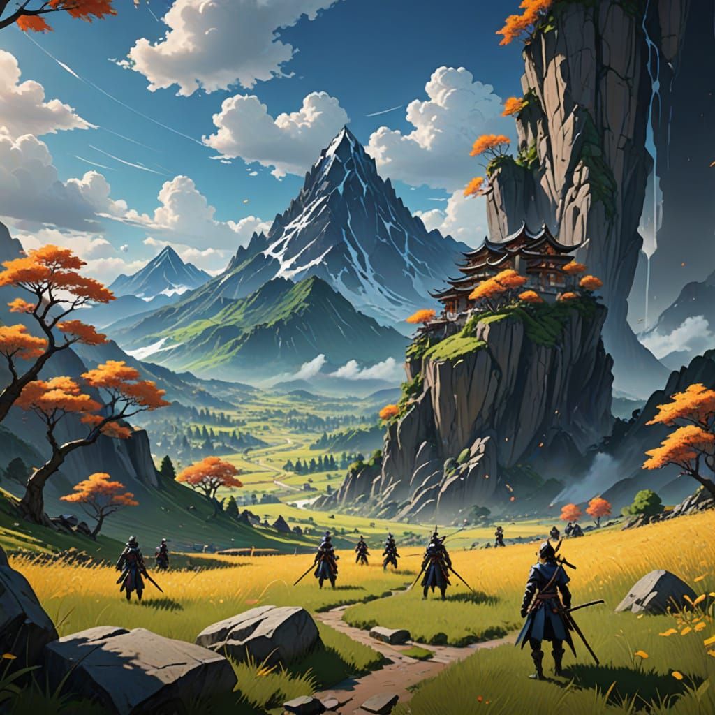 Anime Heroes Battle on Chaotic Field Before Grand Mountains