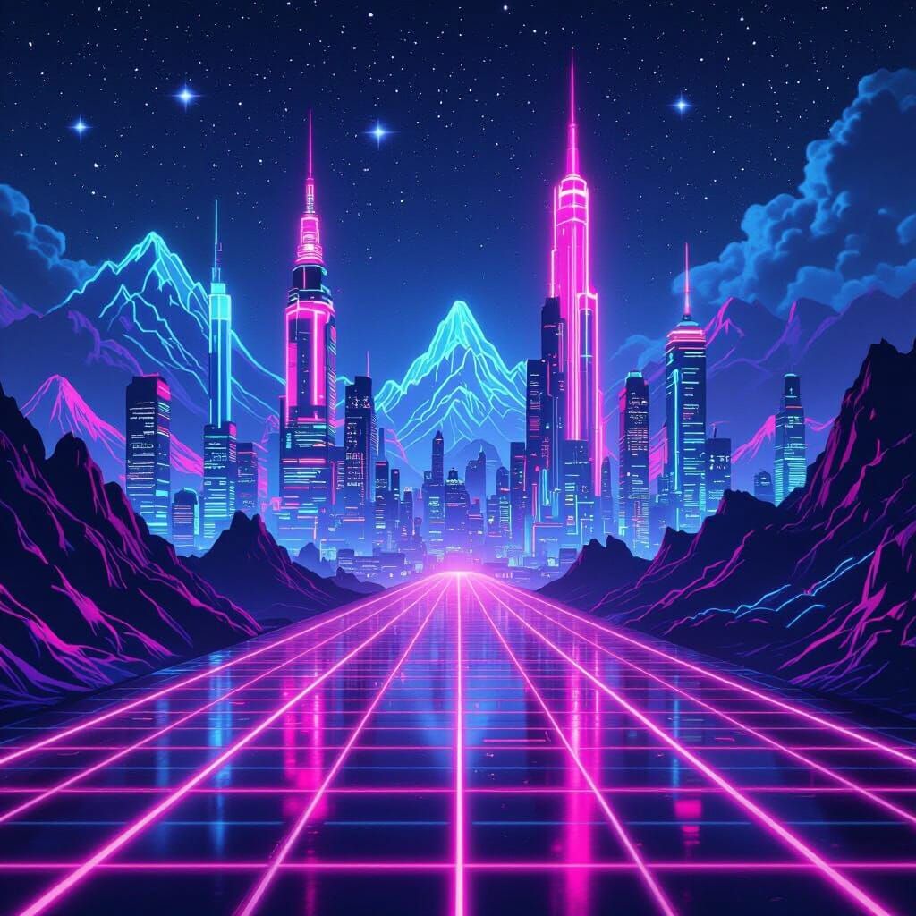 Retro-Futuristic Cityscape with Neon Lights in Cyberpunk Sty...