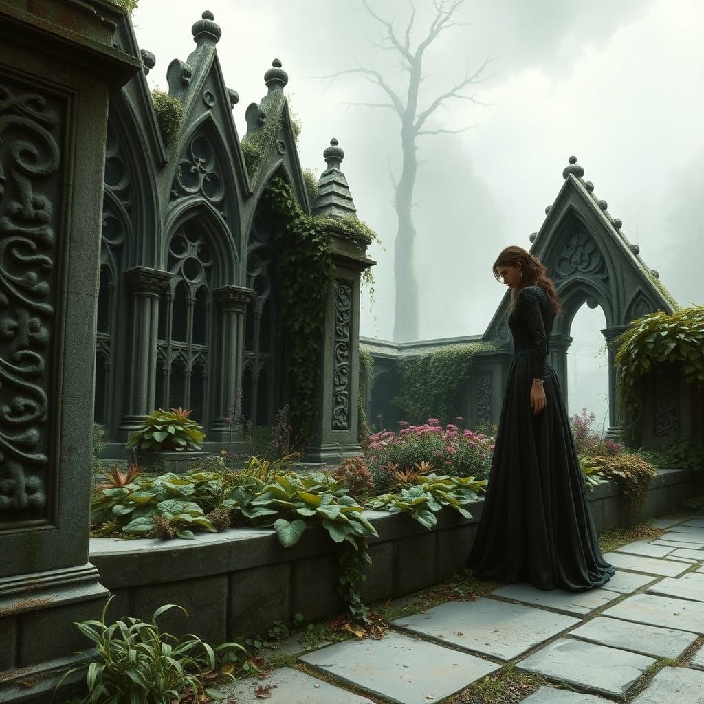 Gothic Garden Oasis in Dark, Whimsical Style
