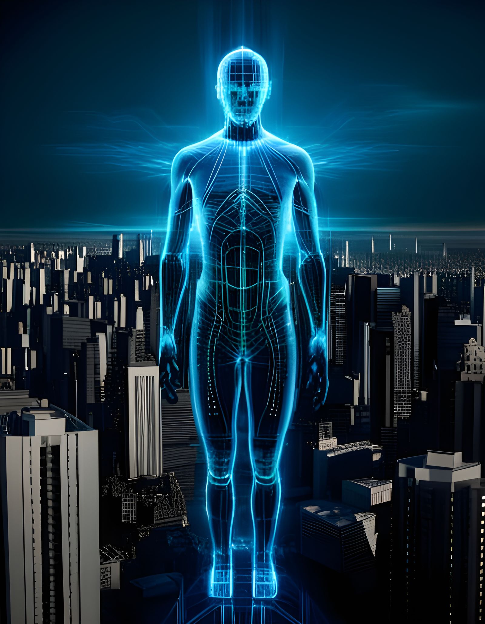 Ethereal Figure in Digital City, Hyperdetailed CGI Render