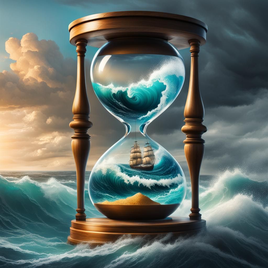 Stormy Sea Inside Hourglass: Hyperrealistic Splash Art