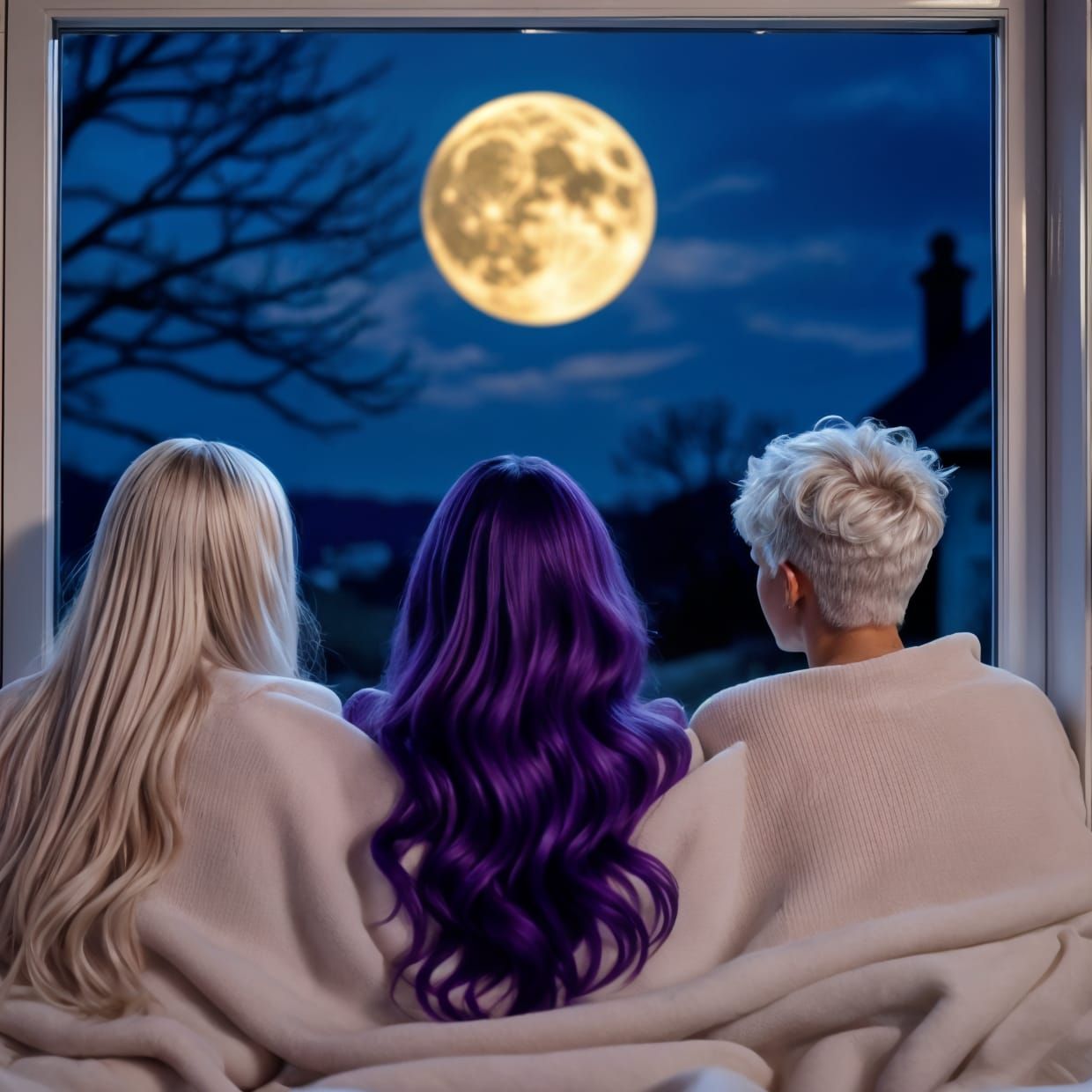 Women Gaze at Full Moon from Mansion Window